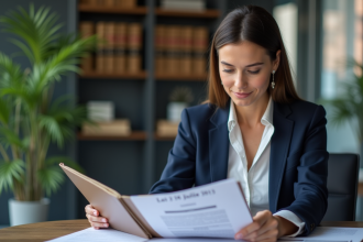 Femme d'affaires en costume regardant des documents sur la loi 2013