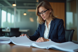 Femme d affaires en costume bleu examine des contrats