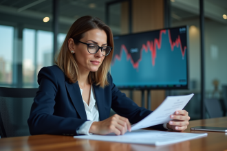 Femme d'affaires en costume regardant des graphiques financiers