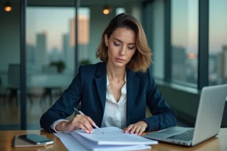 Femme d'affaires en costume bleu lisant des documents