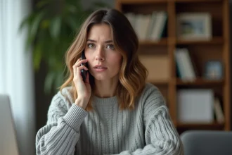 Femme appelant le service client Backmarket depuis son bureau à domicile avec un smartphone