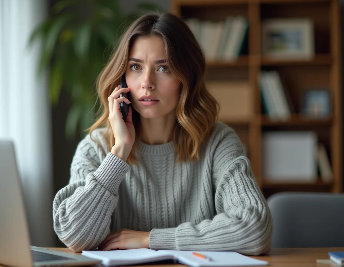 Femme appelant le service client Backmarket depuis son bureau à domicile avec un smartphone