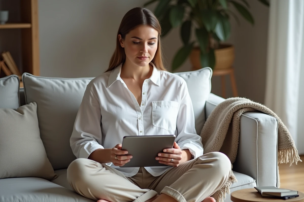 Femme consultant son blog de niche sur tablette avec bannières affiliées Conversant dans un salon scandinave