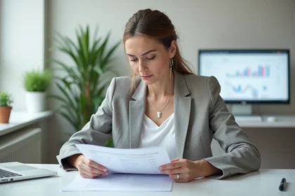 Femme d'affaires lisant attentivement un contrat portant la mention 'Lu et approuvé' dans un bureau moderne