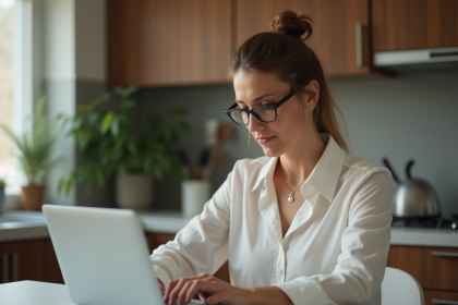 Femme travaillant sur son ordinateur dans une cuisine moderne