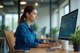 Femme au bureau regardant l'interface intranet