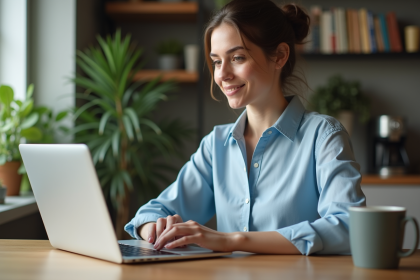 Femme travaillant sur un ordinateur dans un bureau maison accueillant