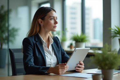 Femme en bureau moderne regardant par la fenetre