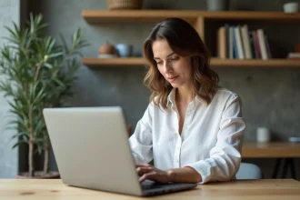 Femme professionnelle consultant des ressources business en ligne sur un site spécialisé depuis son bureau moderne en 2026