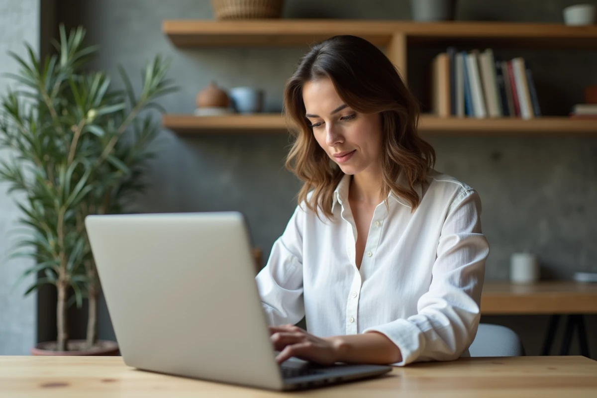 Femme professionnelle consultant des ressources business en ligne sur un site spécialisé depuis son bureau moderne en 2026