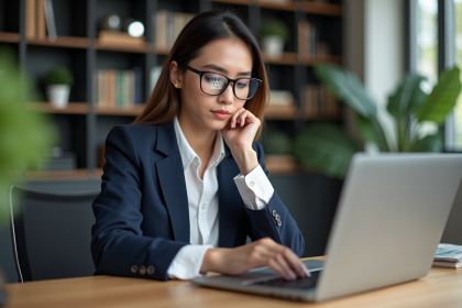 Jeune femme au bureau avec reflet de cadenas sur lunettes