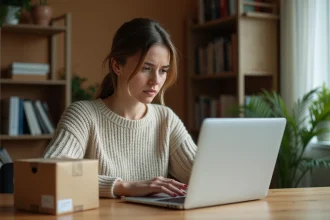Femme inquiète devant son ordinateur portable avec un colis Shein bloqué posé sur son bureau à domicile