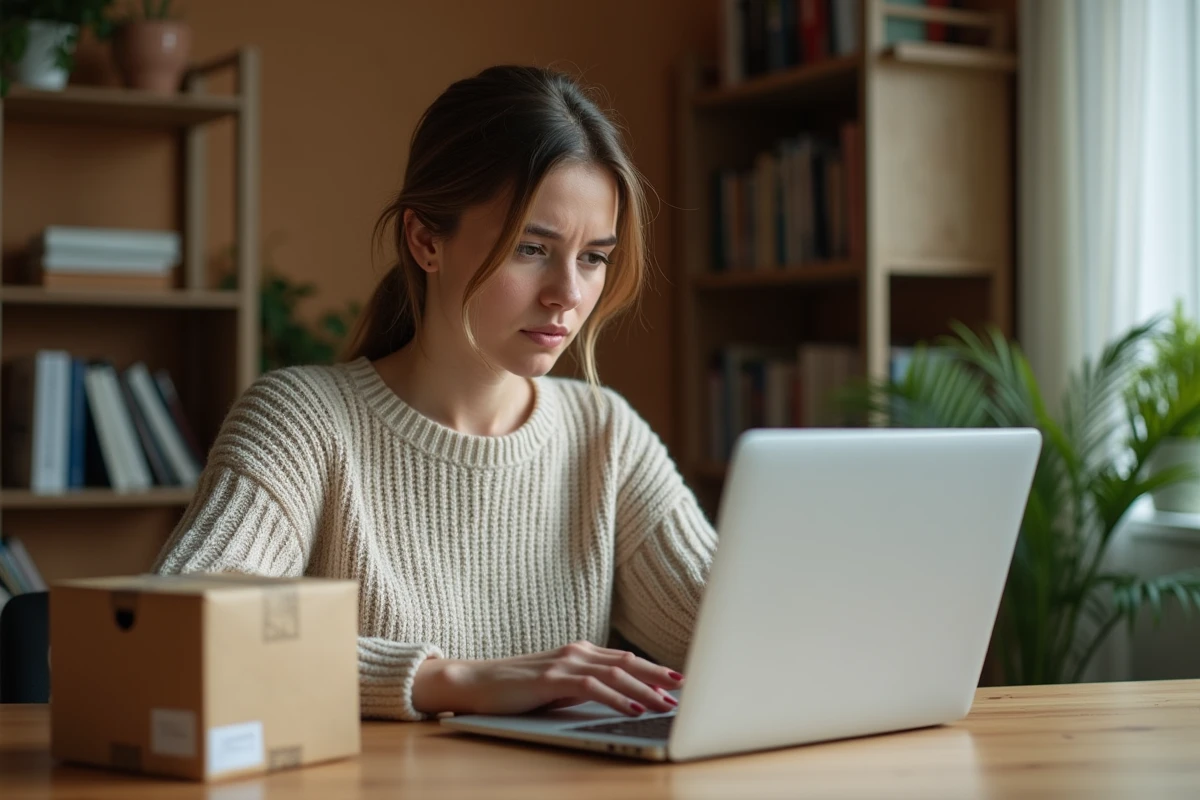Femme inquiète devant son ordinateur portable avec un colis Shein bloqué posé sur son bureau à domicile