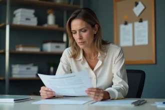 Femme examinant un contrat de travail dans un bureau professionnel
