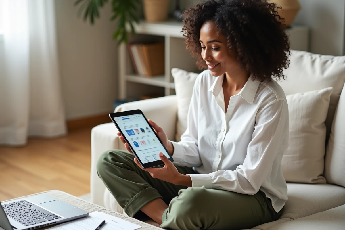 Femme débutante consultant un tutoriel sur tablette pour configurer un tunnel de vente depuis son salon