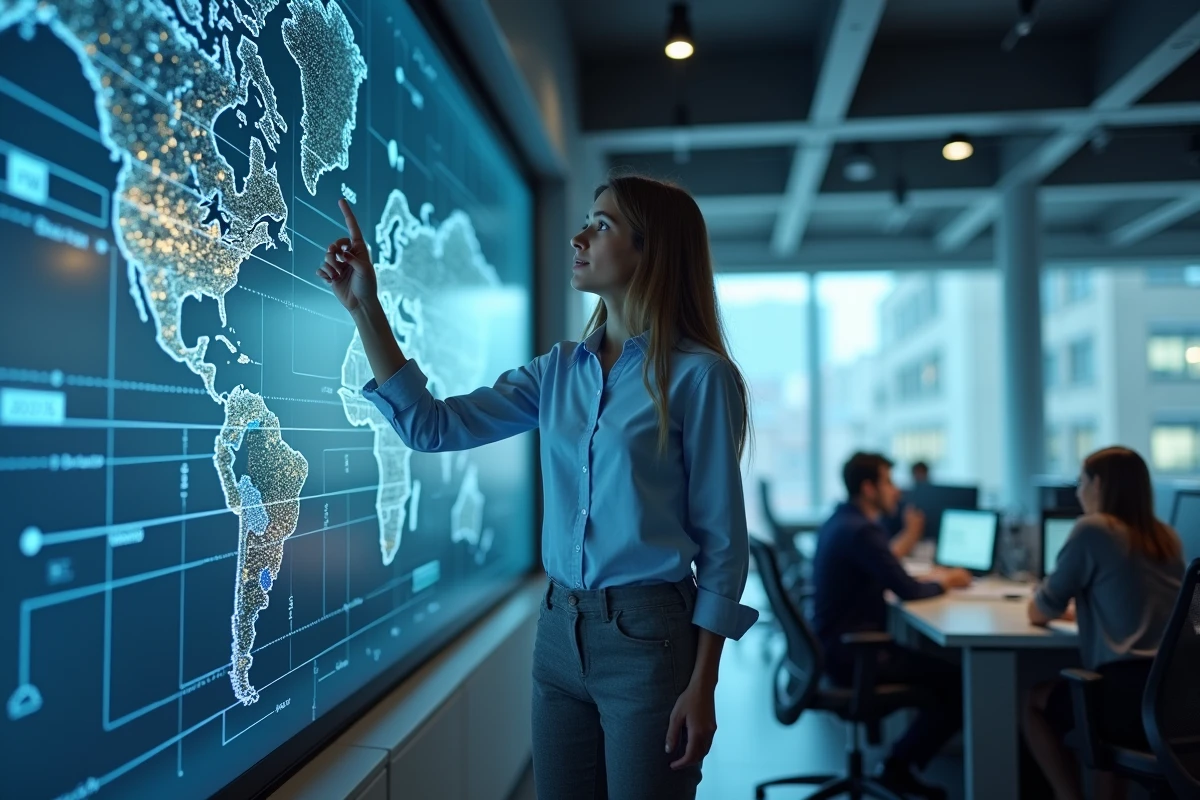 Jeune femme expliquant une carte digitale d