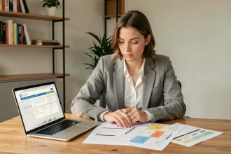 Femme entrepreneur étudiant un guide business model sur ordinateur portable avec des documents imprimés sur un bureau en bois moderne
