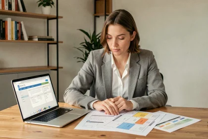 Femme entrepreneur étudiant un guide business model sur ordinateur portable avec des documents imprimés sur un bureau en bois moderne
