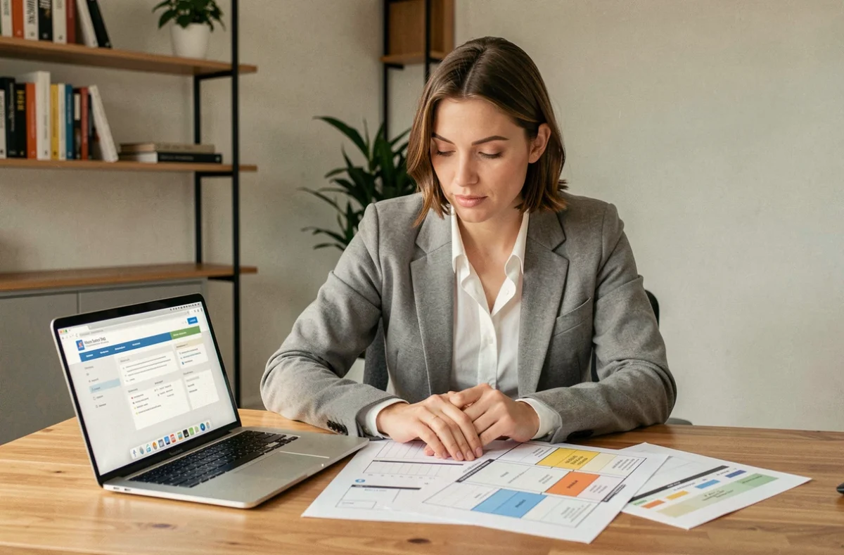 Femme entrepreneur étudiant un guide business model sur ordinateur portable avec des documents imprimés sur un bureau en bois moderne