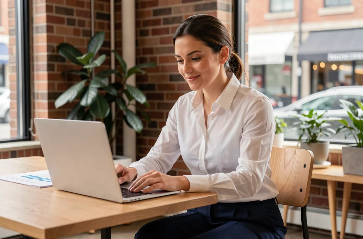 Femme entrepreneur en train de planifier le lancement de son activité sur un ordinateur portable dans un espace de coworking moderne