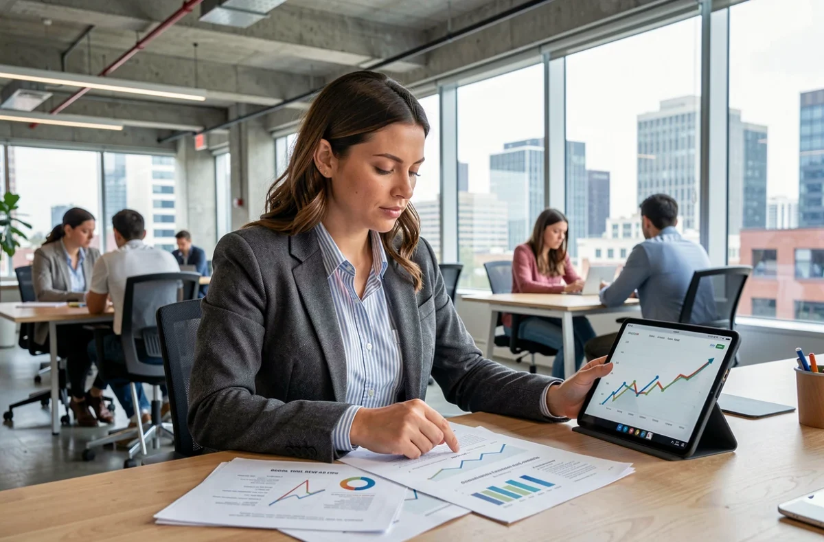 Femme entrepreneur consultant un plan de croissance commerciale dans un espace de coworking moderne