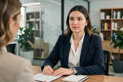 Femme professionnelle en entretien d'embauche avec un CV posé sur le bureau, exprimant confiance et compétences commerciales