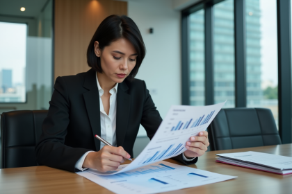 Femme en costume analysant un rapport financier dans un bureau moderne