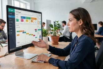 Femme professionnelle utilisant un logiciel de gestion de projet sur ordinateur dans un open space moderne