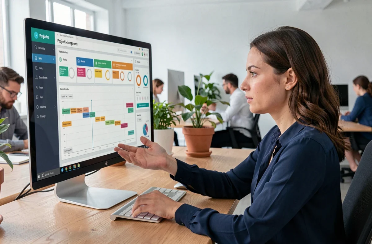Femme professionnelle utilisant un logiciel de gestion de projet sur ordinateur dans un open space moderne