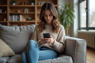 Femme lisant ses emails sur un smartphone dans un salon cosy