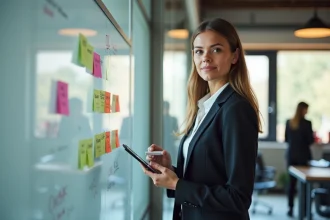 Femme professionnelle en réunion avec tableau blanc et diagrammes marketing