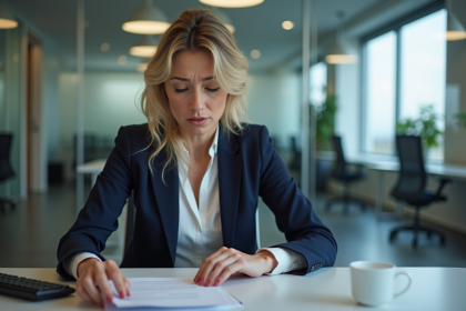 Femme d'affaires pensive avec lettre dans un bureau moderne