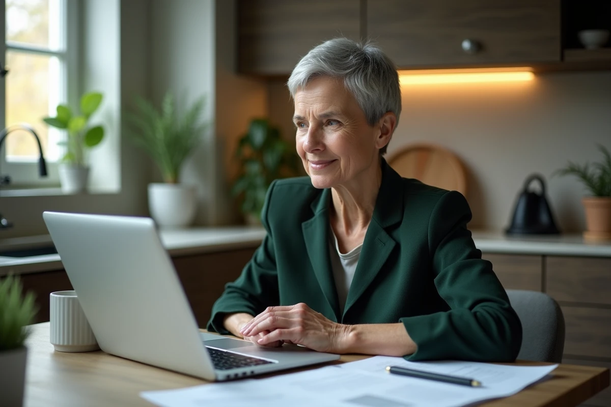 Femme préparant sa lettre de rupture conventionnelle depuis chez elle pour planifier sa reconversion professionnelle