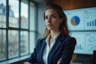 Professionnelle analysant des tableaux de bord de performance data dans un bureau parisien moderne