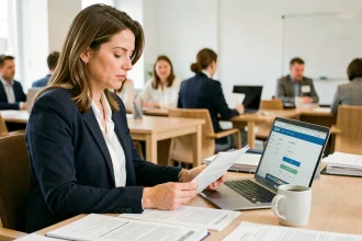 Femme professionnelle consultant le portail INPI pour enregistrer une marque commerciale dans un bureau moderne