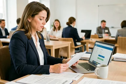 Femme professionnelle consultant le portail INPI pour enregistrer une marque commerciale dans un bureau moderne