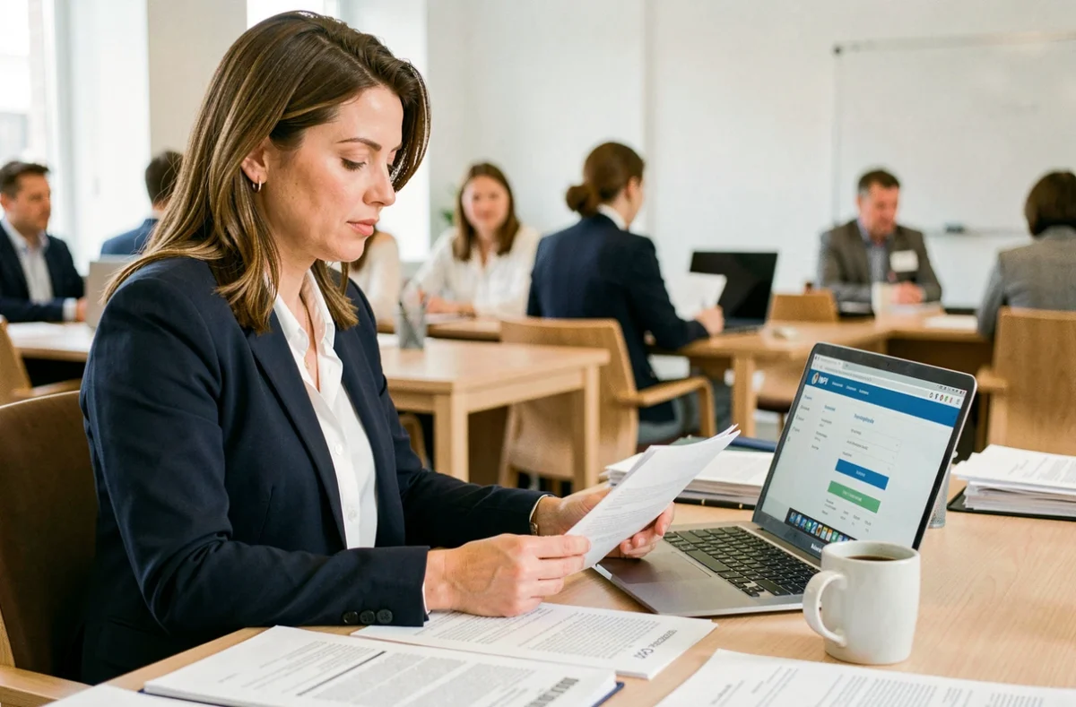 Femme professionnelle consultant le portail INPI pour enregistrer une marque commerciale dans un bureau moderne
