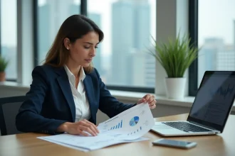 Femme professionnelle analysant des indicateurs économiques territoriaux pour un rapport d'activité 2026