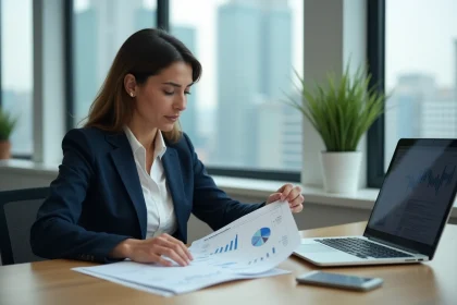 Femme professionnelle analysant des indicateurs économiques territoriaux pour un rapport d'activité 2026