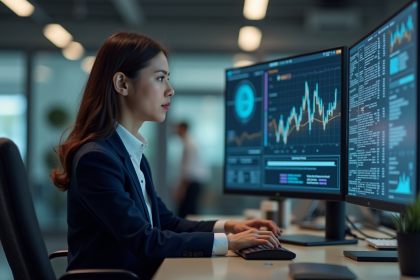 Jeune femme en bureau regardant un écran d'IA