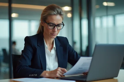 Femme professionnelle relisant attentivement un e-mail professionnel sur son ordinateur portable dans un bureau moderne