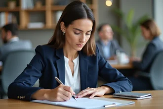 Femme rédigeant une lettre de rupture conventionnelle au bureau pour annoncer une reconversion professionnelle