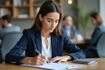 Femme rédigeant une lettre de rupture conventionnelle au bureau pour annoncer une reconversion professionnelle