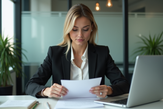 Femme d'affaires pliant une lettre de démission dans son bureau