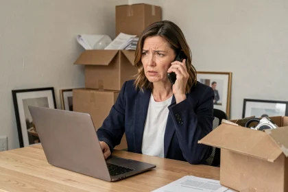 Femme au téléphone avec un conseiller ADL Partner depuis son bureau en cours de déménagement à l'étranger