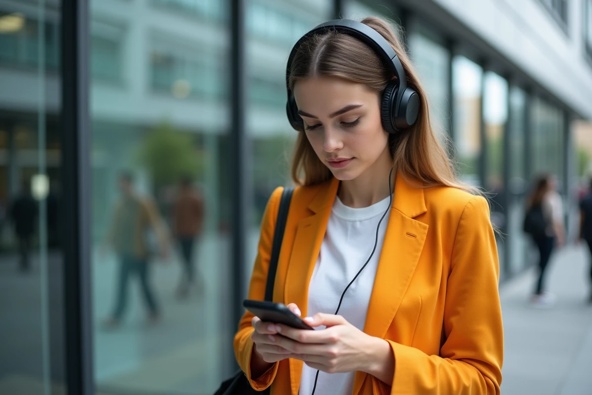 Jeune femme urbaine regardant son t&eacute;l&eacute;phone