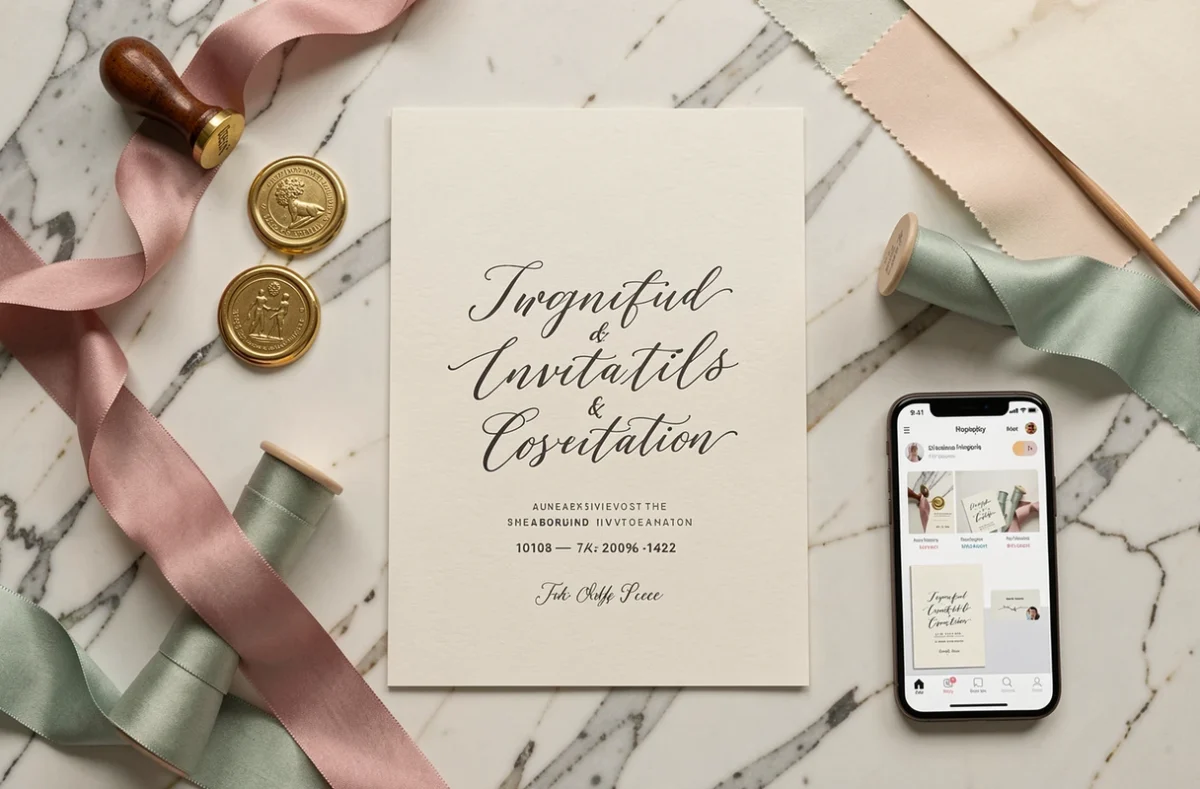 Vue de dessus d'un espace de personnalisation d'invitations avec sceaux de cire, rubans et papeterie de luxe sur marbre
