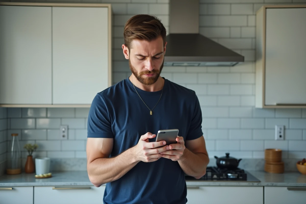 Homme consultant son compte Smartbox sur smartphone dans une cuisine contemporaine