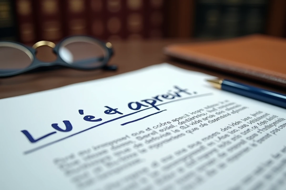 Gros plan sur un contrat papier avec la mention manuscrite 'Lu et approuvé' sur un bureau de notaire en bois sombre