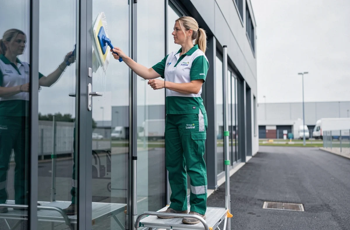 Technicienne de Groupe Lustral Metz Woippy nettoyant les vitres d'un bâtiment commercial